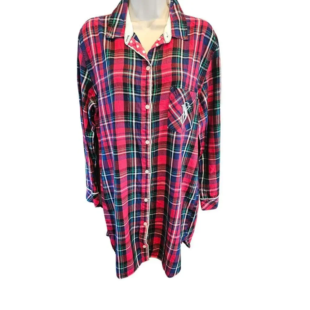Victoria's Secret size S tunic button up dress flannel pajama top EUC 90s plaid